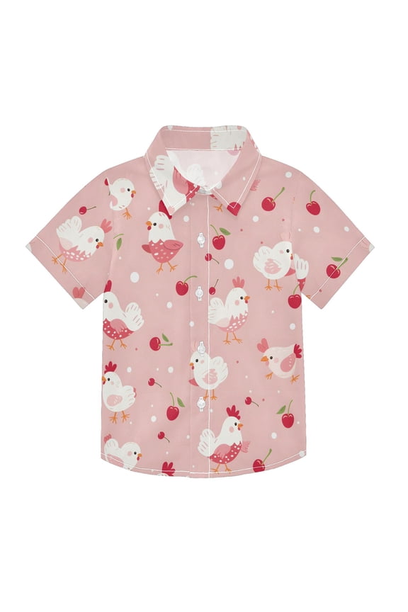 Small Short Sleeve Button Down Shirts Cute Chicken with Cherry Casual Shirt 3-10 Years