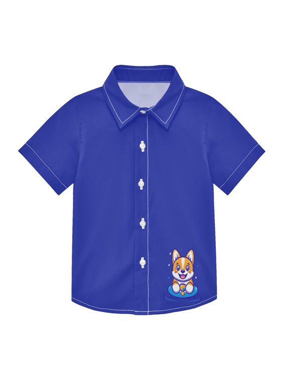 Small Short Sleeve Button Down Shirts Cute Corgi Dog on Swimming Ring Casual Shirt 3-10 Years