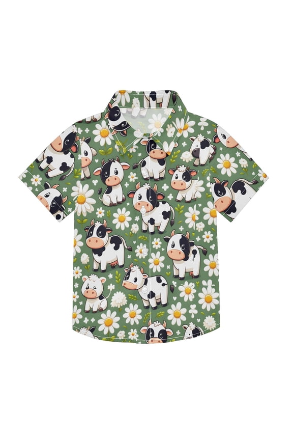 Small Short Sleeve Button Down Shirts Cute Cow and Daisy Casual Shirt 3-10 Years