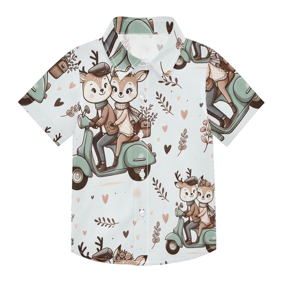 Dailycode Small Short Sleeve Button Down Shirts Cute Deer Ride Scooter Casual Shirt 3-10 Years