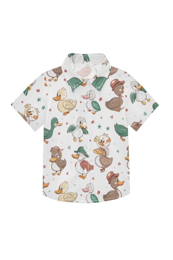 Small Short Sleeve Button Down Shirts Cute Ducks with Hat Casual Shirt 3-10 Years