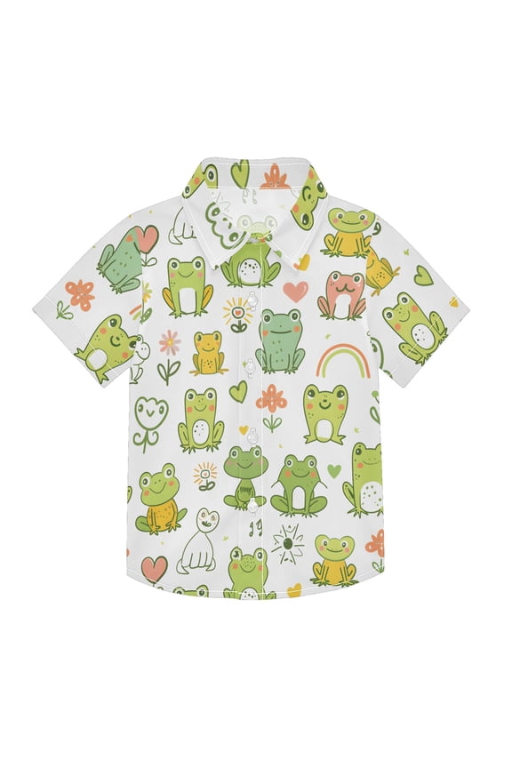 Small Short Sleeve Button Down Shirts Cute Frog Flower Line Casual Shirt 3-10 Years