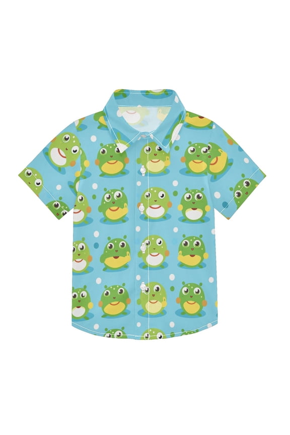 Small Short Sleeve Button Down Shirts Cute Frogs with Big Eye Casual Shirt 3-10 Years