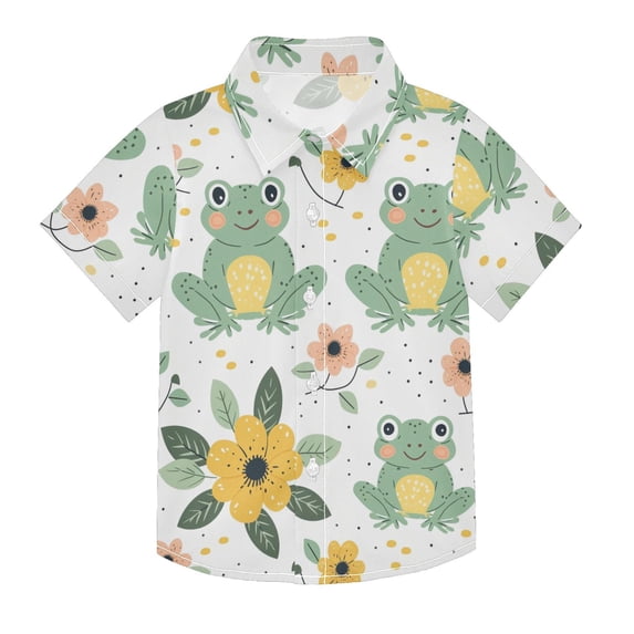 Dailycode Small Short Sleeve Button Down Shirts Cute Frogs with Flower Casual Shirt 3-10 Years