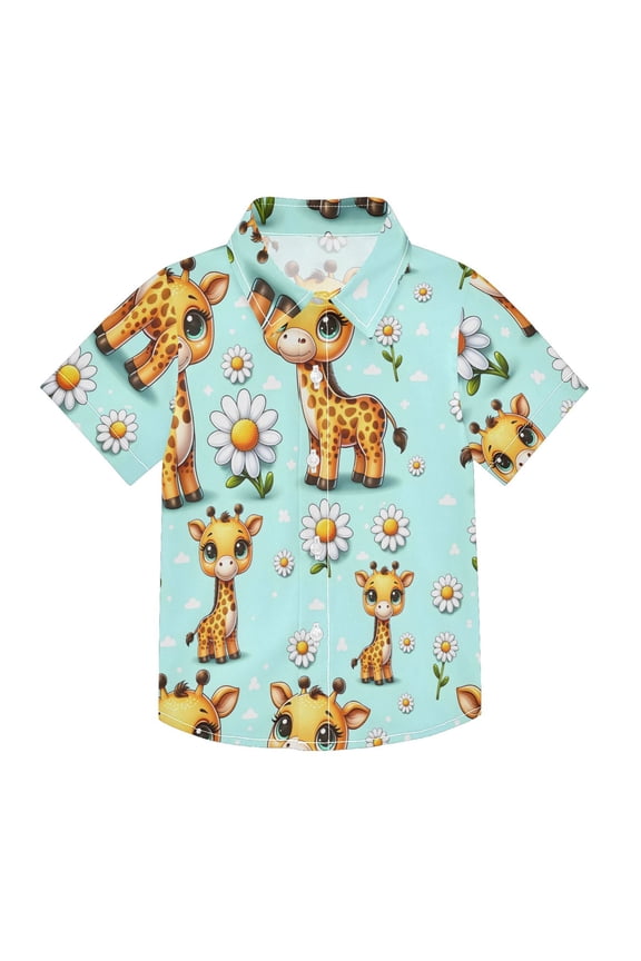 Small Short Sleeve Button Down Shirts Cute Giraffe and Daisy Casual Shirt 3-10 Years
