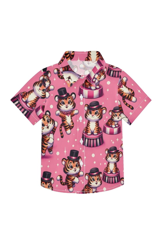 Small Short Sleeve Button Down Shirts Cute Juggling Tigers Casual Shirt 3-10 Years
