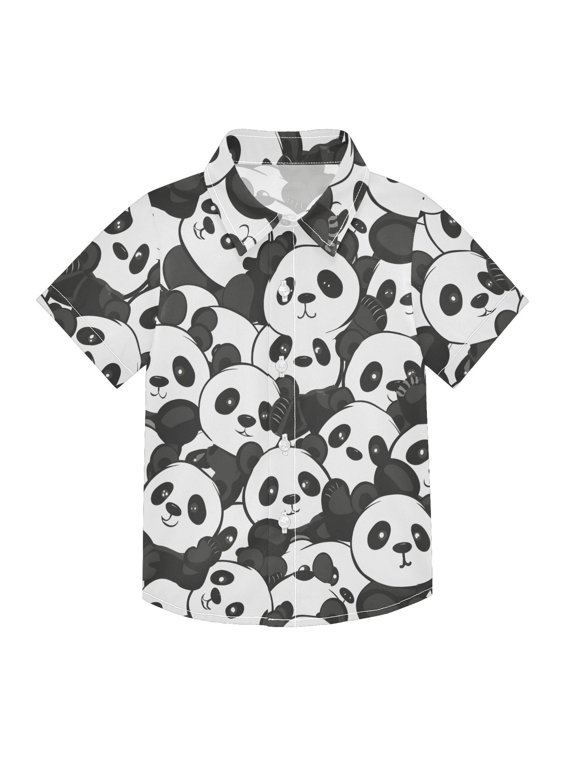 Small Short Sleeve Button Down Shirts Cute Little Panda Face Casual Shirt 3-10 Years