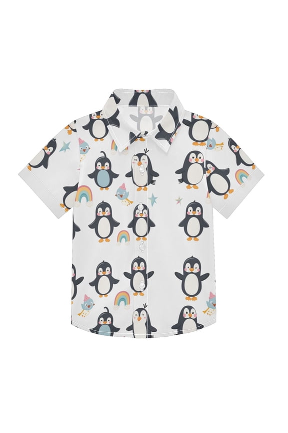 Small Short Sleeve Button Down Shirts Cute Penguins Rainbow Bird Casual Shirt 3-10 Years