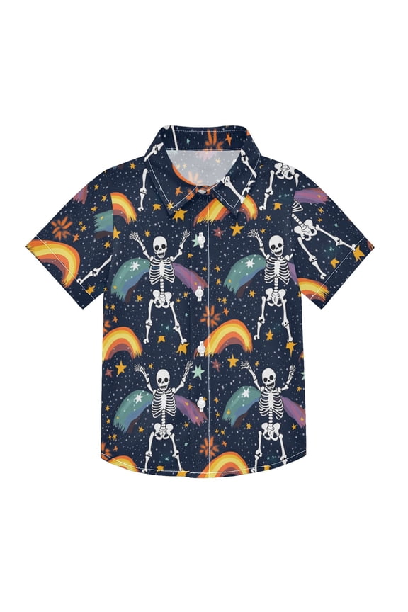 Small Short Sleeve Button Down Shirts Cute Skeletons Rainbows Stars Casual Shirt 3-10 Years