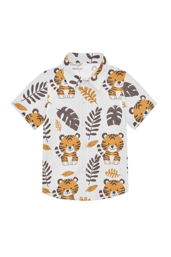 Small Short Sleeve Button Down Shirts Cute Tigers with Leaves Casual Shirt 3-10 Years