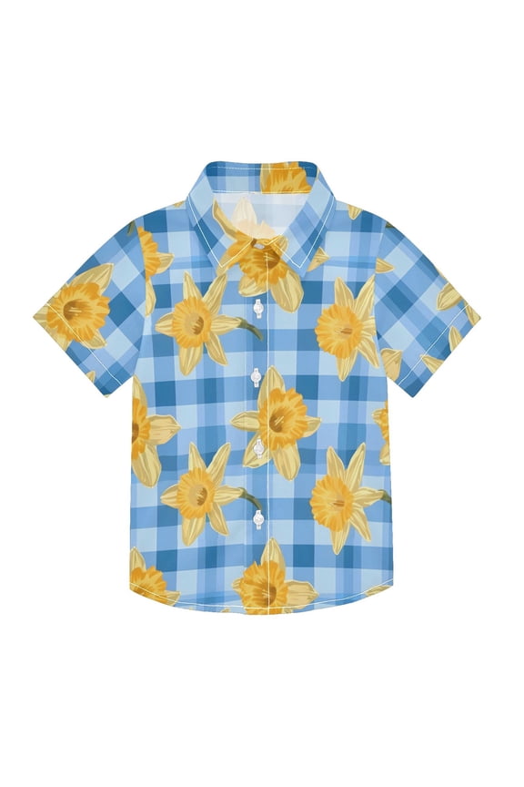 Small Short Sleeve Button Down Shirts Daffodils Flower on Checkered Casual Shirt 3-10 Years