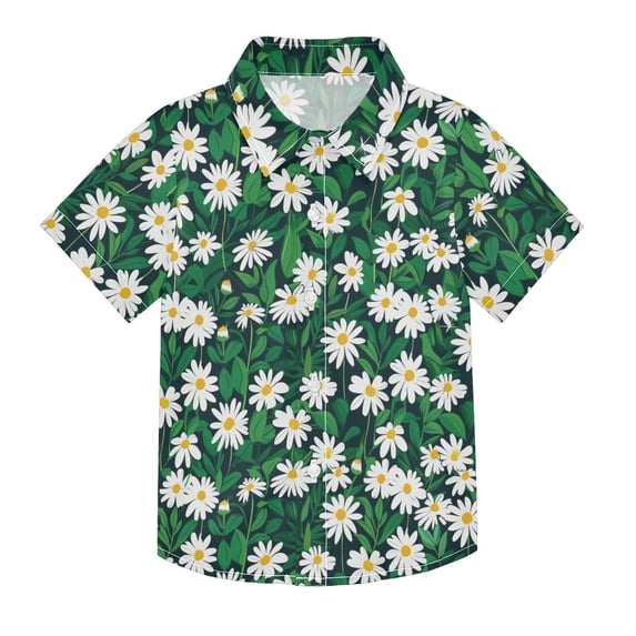 Dailycode Small Short Sleeve Button Down Shirts Daisies Flowers with Green Leaves Casual Shirt 3-10 Years