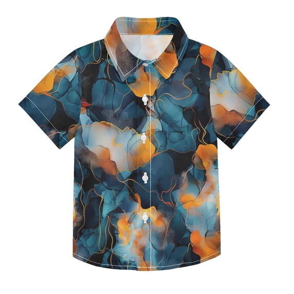 Dailycode Small Short Sleeve Button Down Shirts Dark Blue and Orange Marble Casual Shirt 3-10 Years