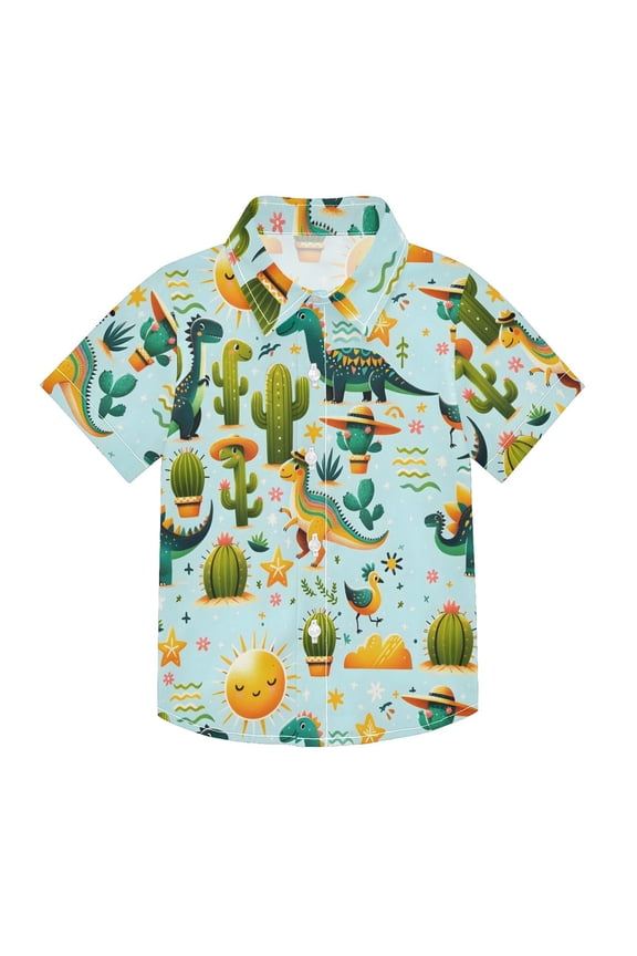 Small Short Sleeve Button Down Shirts Dinosaurs Cactus Sun Star Cloud Casual Shirt 3-10 Years