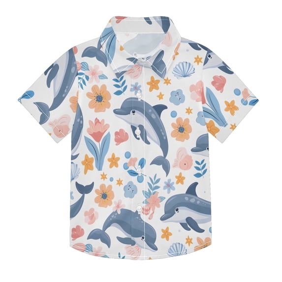Dailycode Small Short Sleeve Button Down Shirts Dolphins Flower Shell Leaf Casual Shirt 3-10 Years