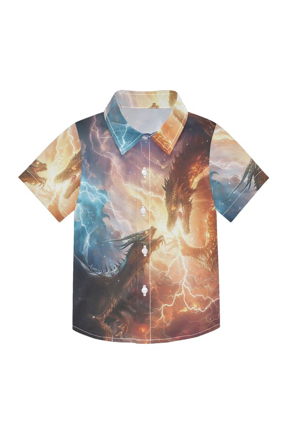Small Short Sleeve Button Down Shirts Dragon Battle in Sky Casual Shirt 3-10 Years