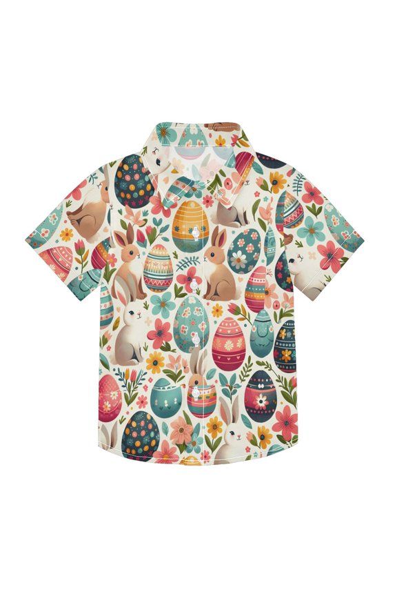 Small Short Sleeve Button Down Shirts Easter Egg and Rabbit with Flower Casual Shirt 3-10 Years