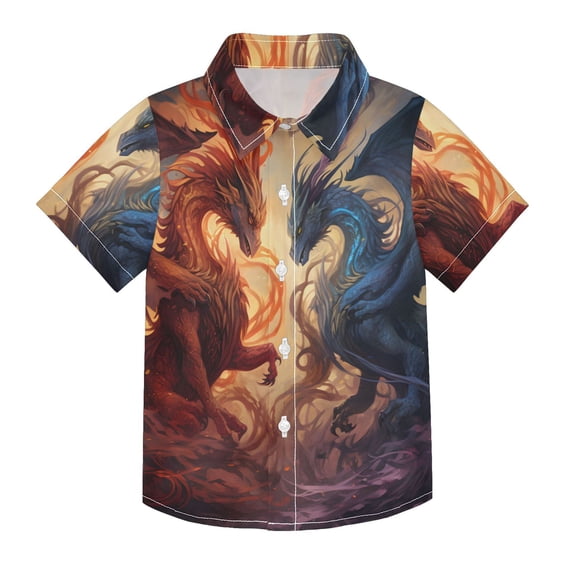 Dailycode Small Short Sleeve Button Down Shirts Fantasy Dragons Battle Casual Shirt 3-10 Years