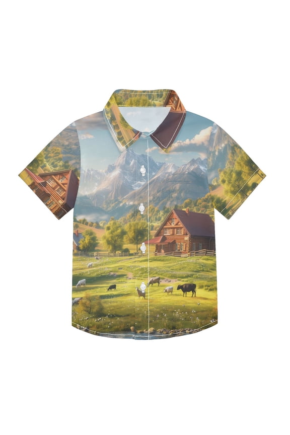Small Short Sleeve Button Down Shirts Farm with Cow and Sheep Casual Shirt 3-10 Years