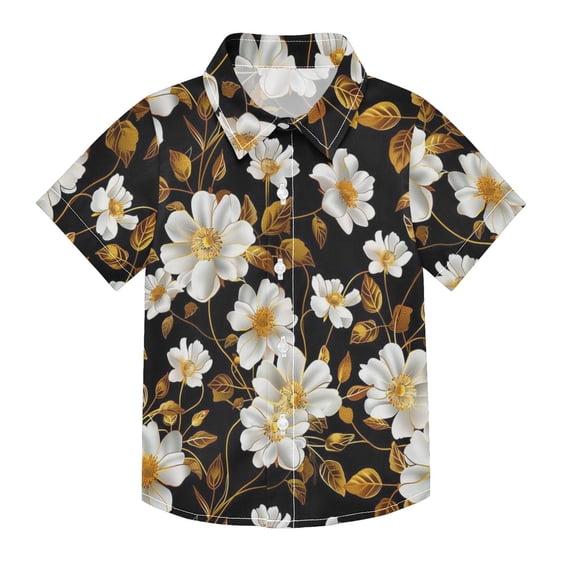 Dailycode Small Short Sleeve Button Down Shirts Flower and Golden Leaves Casual Shirt 3-10 Years