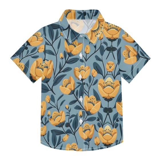 Dailycode Small Short Sleeve Button Down Shirts Flowers Dark Blue Leaves Casual Shirt 3-10 Years