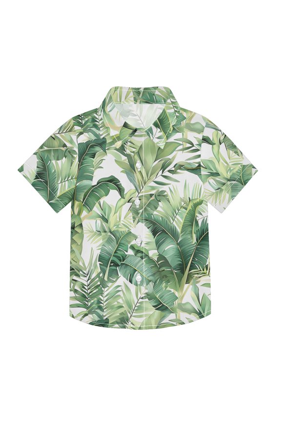 Small Short Sleeve Button Down Shirts Fresh Green Palm Leaves Casual Shirt 3-10 Years