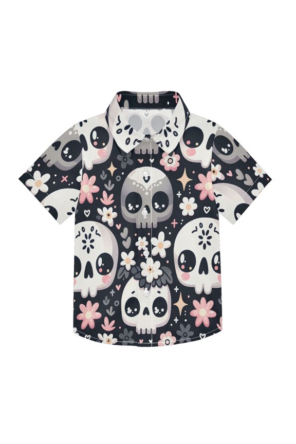 Small Short Sleeve Button Down Shirts Funny Skull with Flower Casual Shirt 3-10 Years