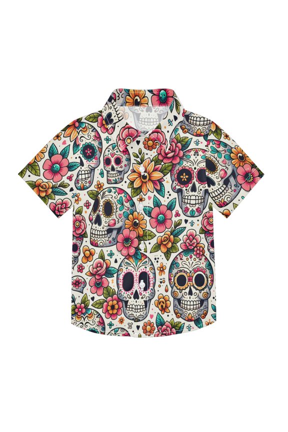 Small Short Sleeve Button Down Shirts Funny Skulls with Flower Casual Shirt 3-10 Years