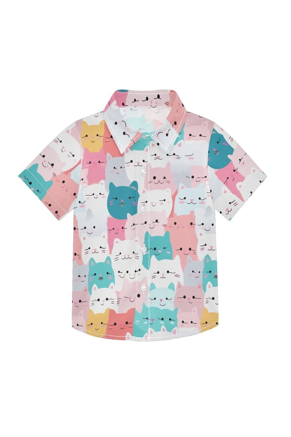 Small Short Sleeve Button Down Shirts Glad Cat Face Casual Shirt 3-10 Years