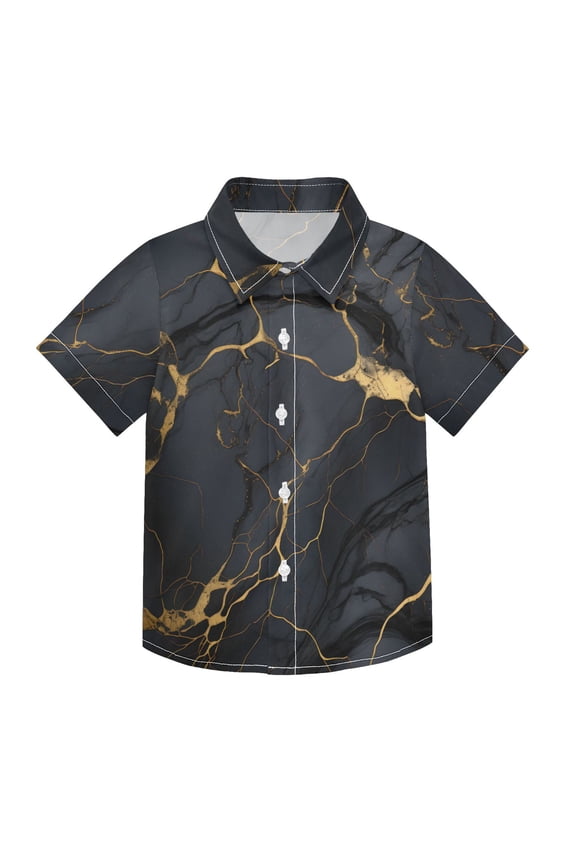 Small Short Sleeve Button Down Shirts Glossy Black Gold Marble Casual Shirt 3-10 Years