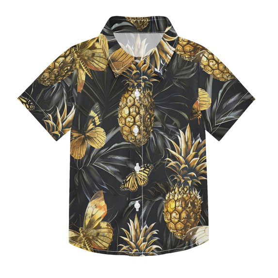 Dailycode Small Short Sleeve Button Down Shirts Golden Pineapples and Butterflies Casual Shirt 3-10 Years
