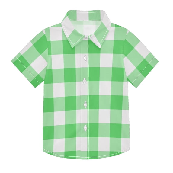 Dailycode Small Short Sleeve Button Down Shirts Green White Gingham Casual Shirt 3-10 Years