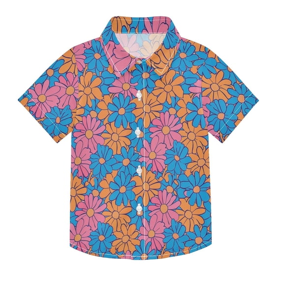 Dailycode Small Short Sleeve Button Down Shirts Groovy Retro Daisy Flower Casual Shirt 3-10 Years