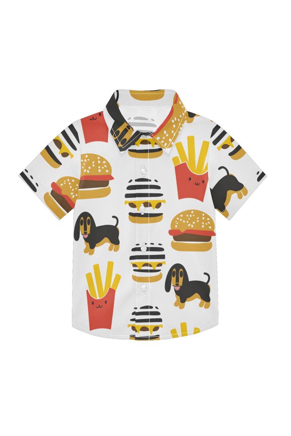 Small Short Sleeve Button Down Shirts Hamburger French Fries Dog Casual Shirt 3-10 Years