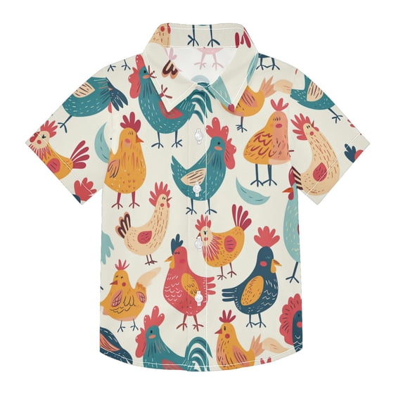 Dailycode Small Short Sleeve Button Down Shirts Hand Drawn Chicken Casual Shirt 3-10 Years