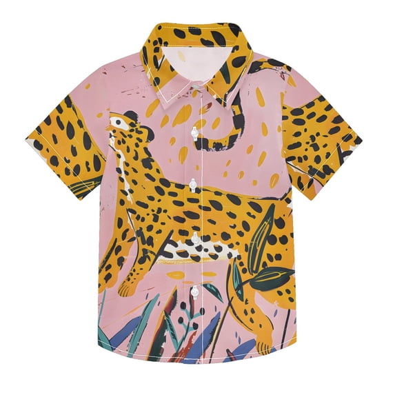 Dailycode Small Short Sleeve Button Down Shirts Hand Drawn Leopard Casual Shirt 3-10 Years