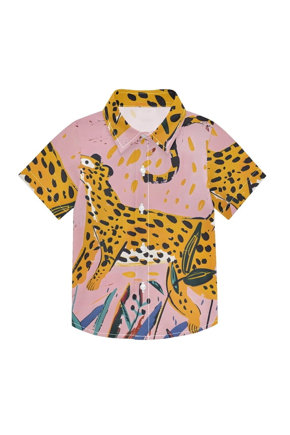 Small Short Sleeve Button Down Shirts Hand Drawn Leopard Casual Shirt 3-10 Years