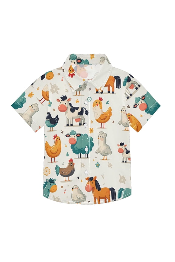 Small Short Sleeve Button Down Shirts Horse Cow Chicken Bird Sheep Casual Shirt 3-10 Years