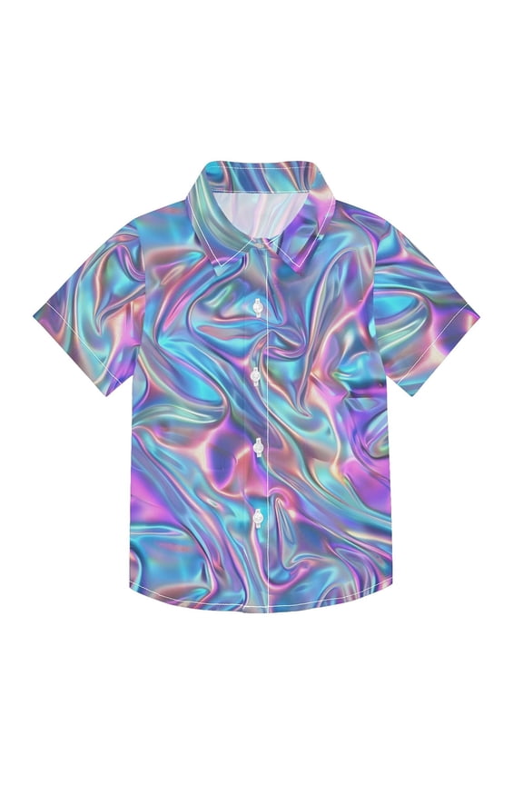 Small Short Sleeve Button Down Shirts Iridescent Liquid Marble Casual Shirt 3-10 Years