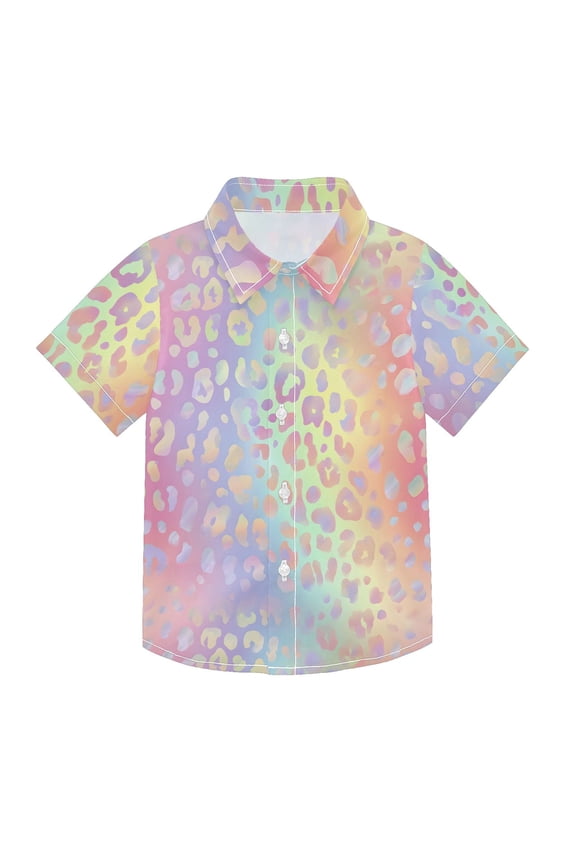 Small Short Sleeve Button Down Shirts Iridescent Rainbow Leopard Skin Casual Shirt 3-10 Years