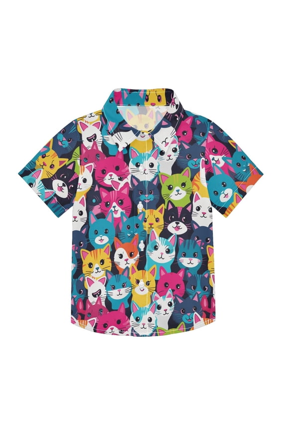 Small Short Sleeve Button Down Shirts Laugh Cats Face Casual Shirt 3-10 Years