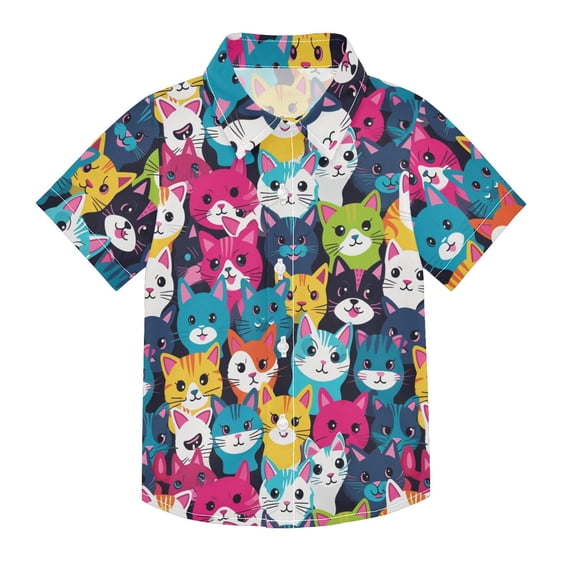 Dailycode Small Short Sleeve Button Down Shirts Laugh Cats Face Casual Shirt 3-10 Years