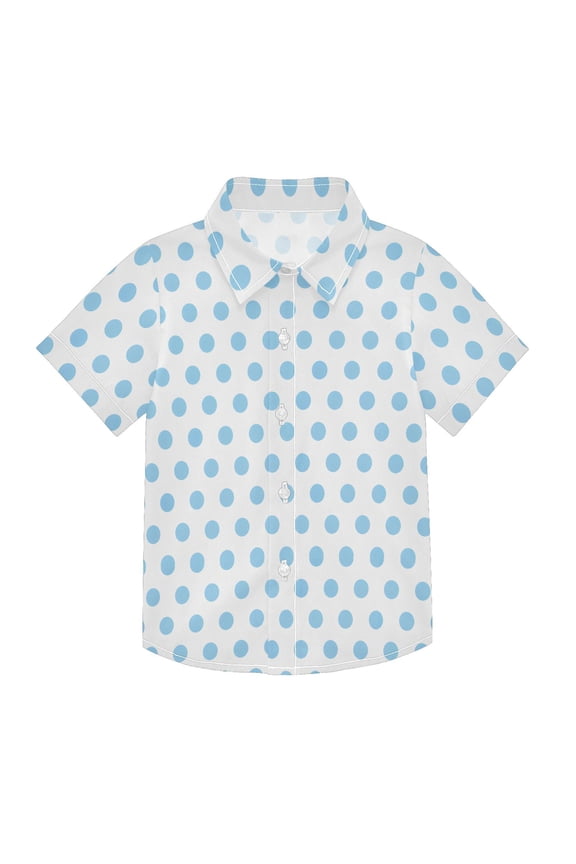 Small Short Sleeve Button Down Shirts Light Blue Polka Dot Casual Shirt 3-10 Years
