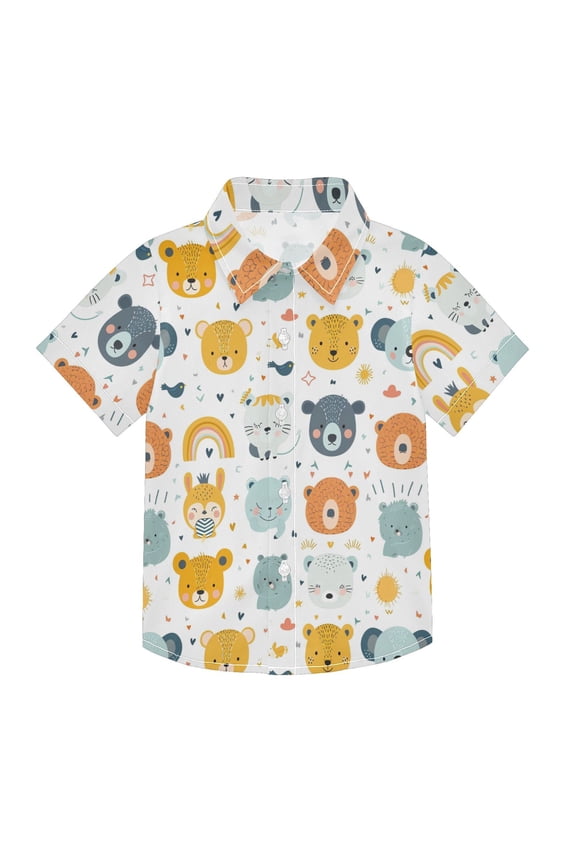 Small Short Sleeve Button Down Shirts Lion Cat Bear Face Casual Shirt 3-10 Years