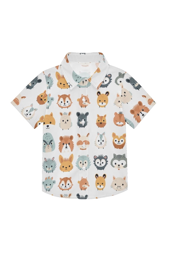 Small Short Sleeve Button Down Shirts Lion Donkey Cat Rabbit Face Casual Shirt 3-10 Years