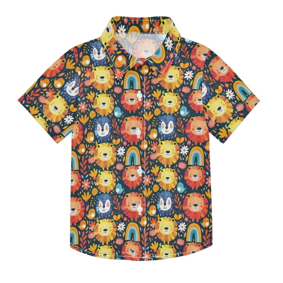 Dailycode Small Short Sleeve Button Down Shirts Lion Face Bird Rainbow Casual Shirt 3-10 Years