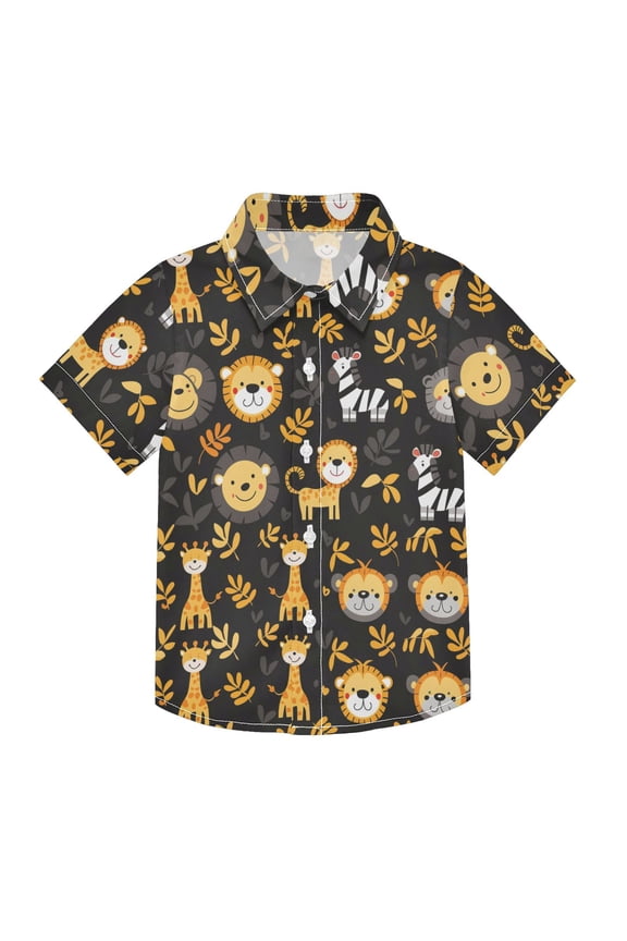Small Short Sleeve Button Down Shirts Lion Zebra Giraffe Leaf Casual Shirt 3-10 Years