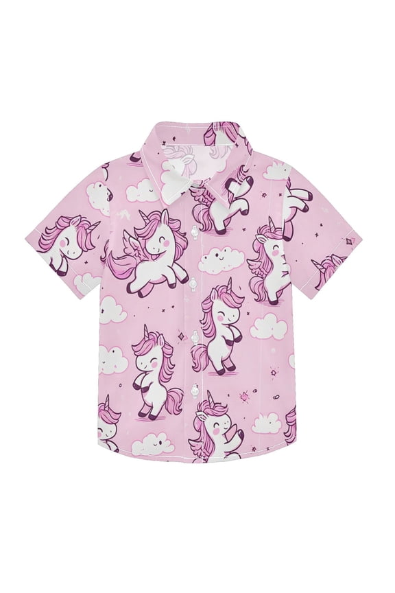 Small Short Sleeve Button Down Shirts Lively Unicorn and Cloud Casual Shirt 3-10 Years