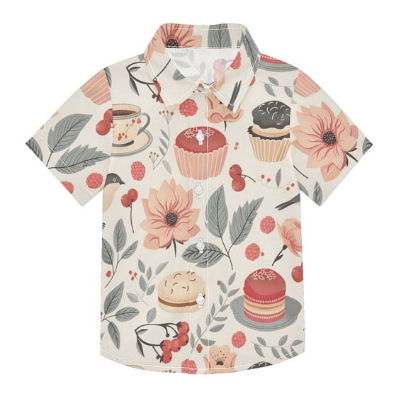 Dailycode Small Short Sleeve Button Down Shirts Macaroon Cupcakes Tea Flower Birds Casual Shirt 3-10 Years