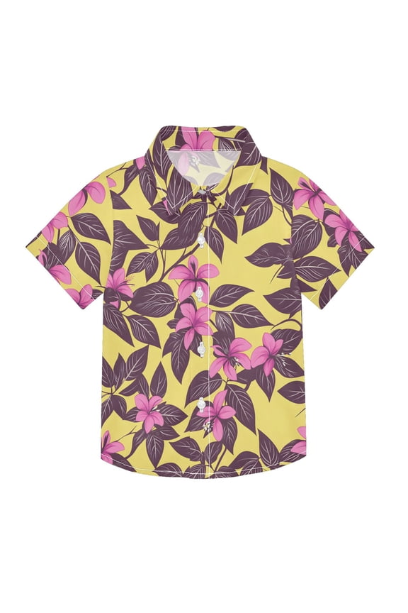 Small Short Sleeve Button Down Shirts Magenta Flower and Purple Leaves Casual Shirt 3-10 Years